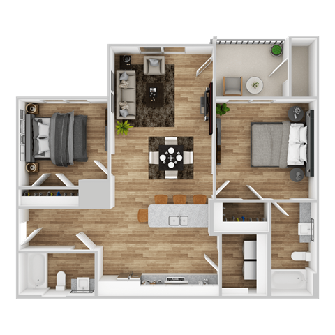 Floor plan for 2 beds, 2 baths, 970 sqft